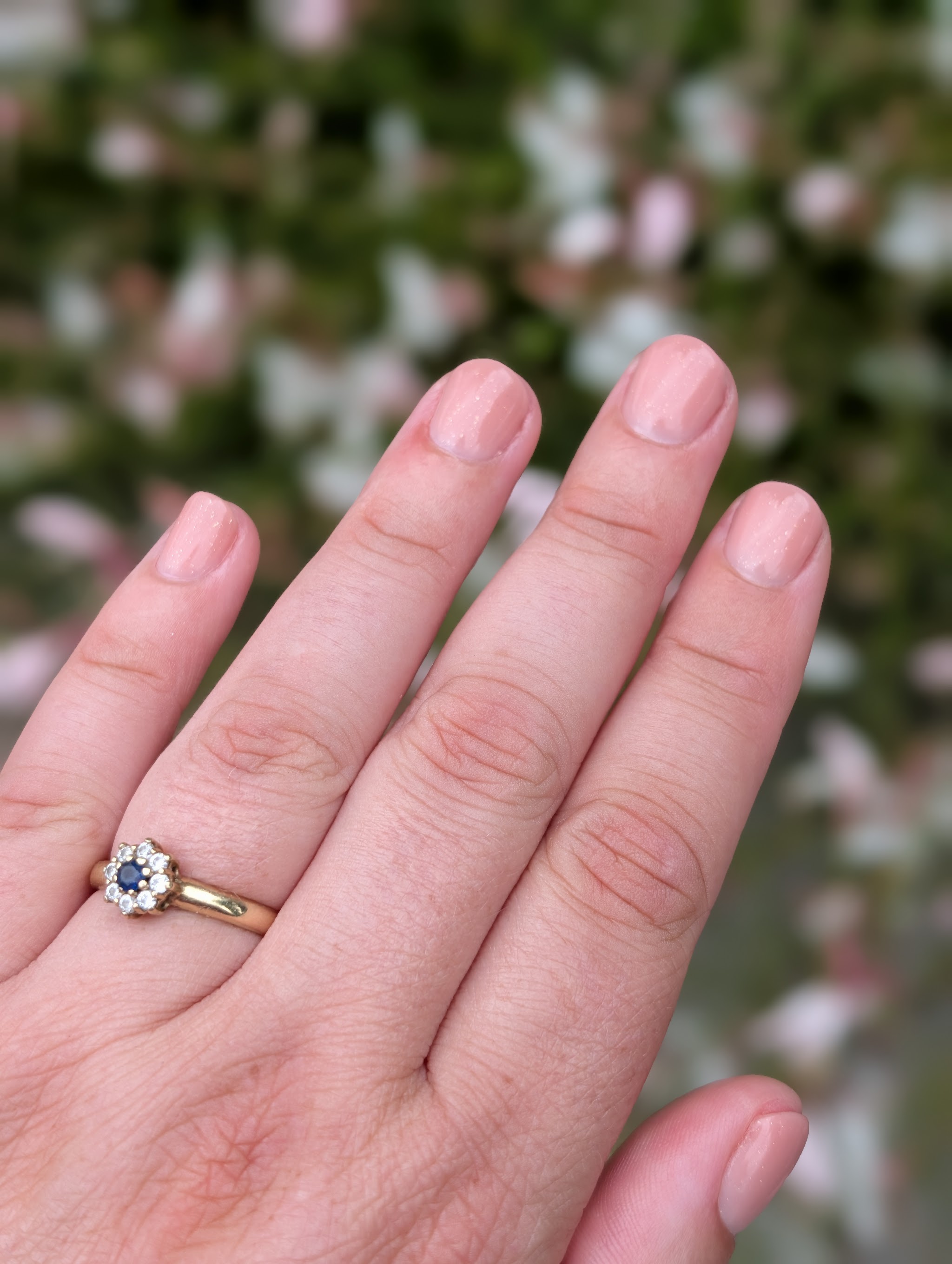 Verzorgde lichtroze nagels, gefotografeerd in het daglicht